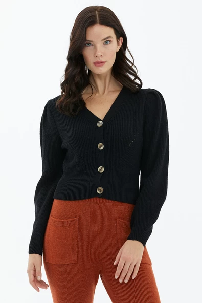 Balon Kol Düğmeli Triko Hırka - Siyah - Resim 3