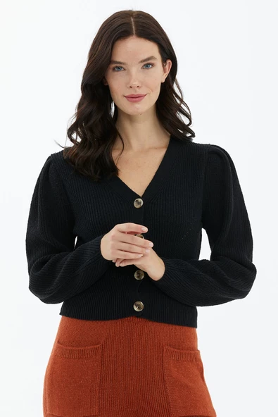 Balon Kol Düğmeli Triko Hırka - Siyah ürün görseli