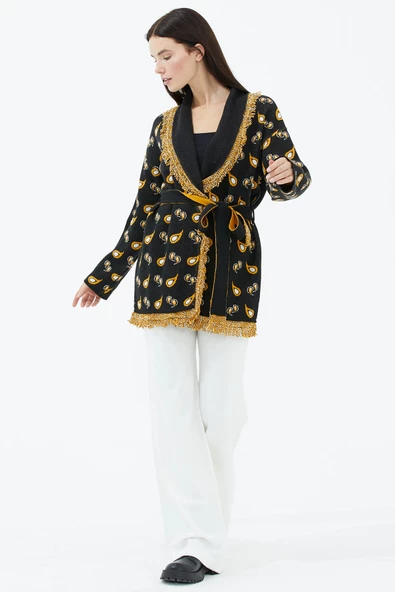 Şal Yaka Püsküllü Damla Desenli Triko Hırka - Siyah - Resim 2