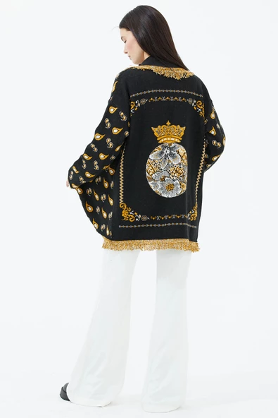 Şal Yaka Püsküllü Damla Desenli Triko Hırka - Siyah - Resim 4