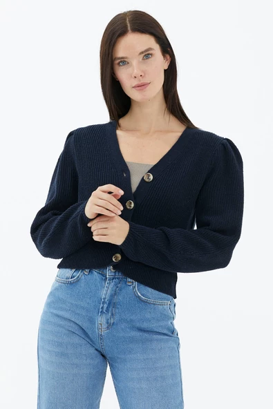 Balon Kol Düğmeli Triko Hırka - Lacivert - Resim 2