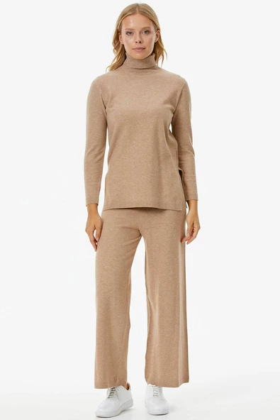 Tam Balıkçı Yaka Kazak Pantolon Triko Takım - Bej - 2