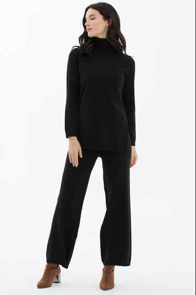 Tam Balıkçı Yaka Kazak Pantolon Triko Takım - Siyah - 3