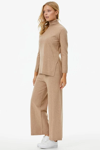 Tam Balıkçı Yaka Kazak Pantolon Triko Takım - Bej - 5