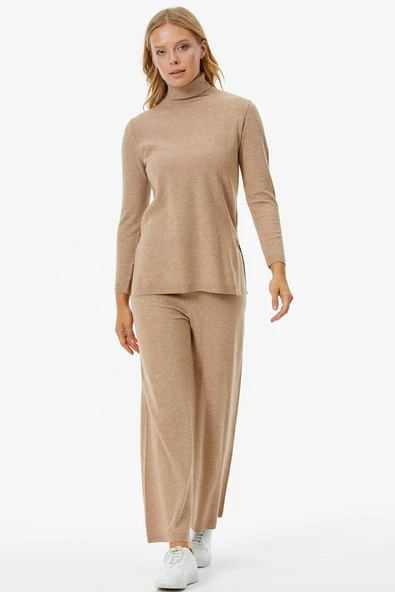 Tam Balıkçı Yaka Kazak Pantolon Triko Takım - Bej - 3