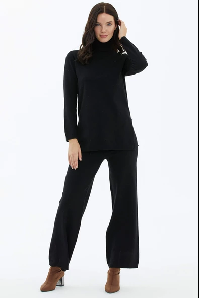 Tam Balıkçı Yaka Kazak Pantolon Triko Takım - Siyah - 2