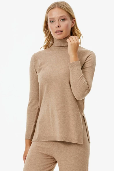 Tam Balıkçı Yaka Kazak Pantolon Triko Takım - Bej - 4