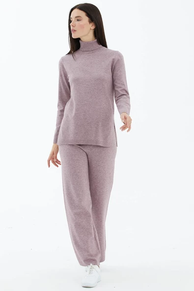 Tam Balıkçı Yaka Kazak Pantolon Triko Takım - Gül - 2