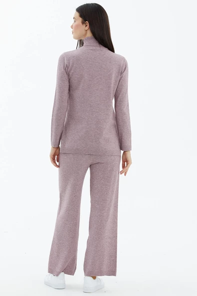 Tam Balıkçı Yaka Kazak Pantolon Triko Takım - Gül - 4