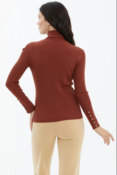 Tam Balıkçı Yaka Düğmeli Triko Kazak - Kiremit - Resim 4