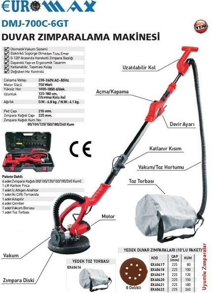 Euromax DMJ-700C-6GT Duvar Zımparalama Makinası 750 W - 2