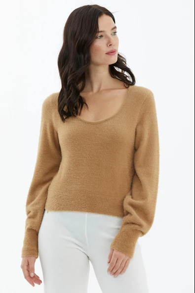 Açık Yaka Yumoş Triko Kazak - Kamel - Resim 3