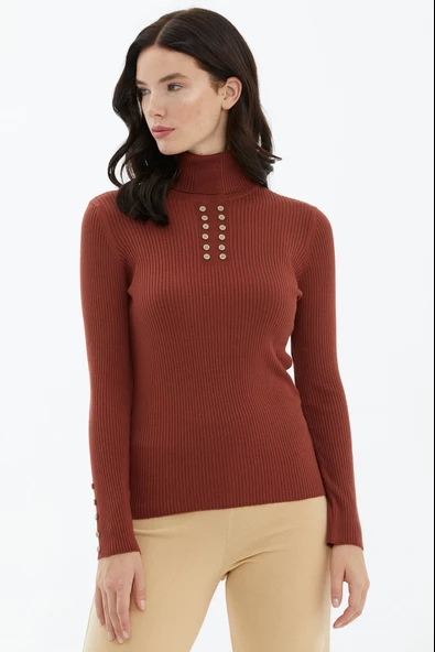 Tam Balıkçı Yaka Düğmeli Triko Kazak - Kiremit - Resim 2