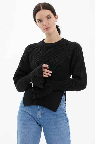 Sıfır Yaka Yırtmaçlı İspanyol Kol Tiriko Kazak - Siyah - Resim 2