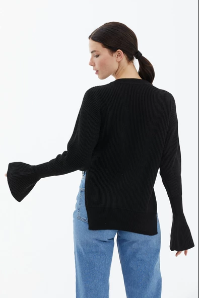 Sıfır Yaka Yırtmaçlı İspanyol Kol Tiriko Kazak - Siyah - Resim 4