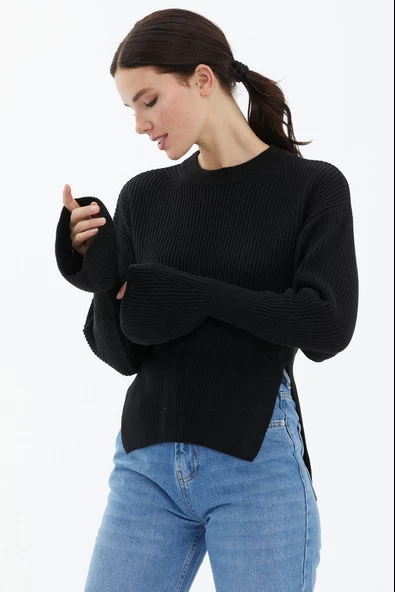 Sıfır Yaka Yırtmaçlı İspanyol Kol Tiriko Kazak - Siyah - Resim 3