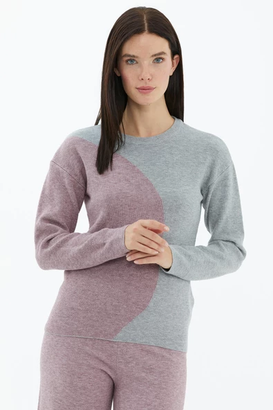 Sıfır Yaka  İki Renkli Triko Kazak - Açık Gri - Gül - Resim 2