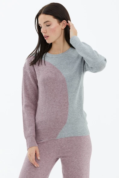 Sıfır Yaka  İki Renkli Triko Kazak - Açık Gri - Gül - Resim 3