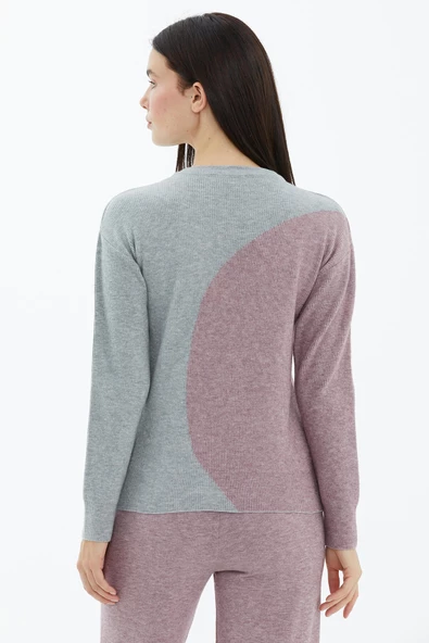 Sıfır Yaka  İki Renkli Triko Kazak - Açık Gri - Gül - Resim 4