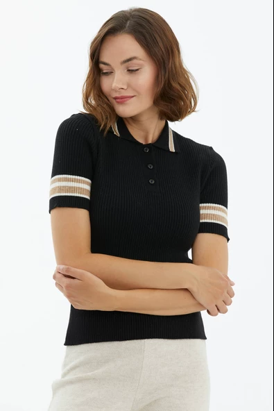 Polo Yaka Düğmeli Kısa Kol Triko Kazak - Siyah - Resim 2