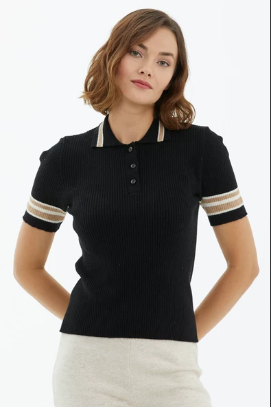 Polo Yaka Düğmeli Kısa Kol Triko Kazak - Siyah ürün görseli 1