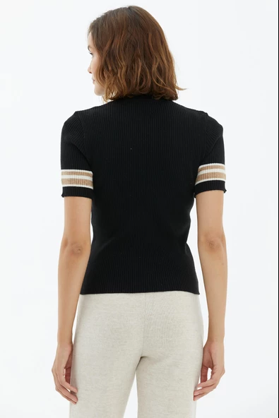 Polo Yaka Düğmeli Kısa Kol Triko Kazak - Siyah - Resim 4