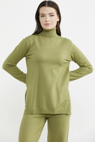 Tam Balıkçı Yaka Kazak Pantolon Triko Takım - Fıstık Yeşili - 3