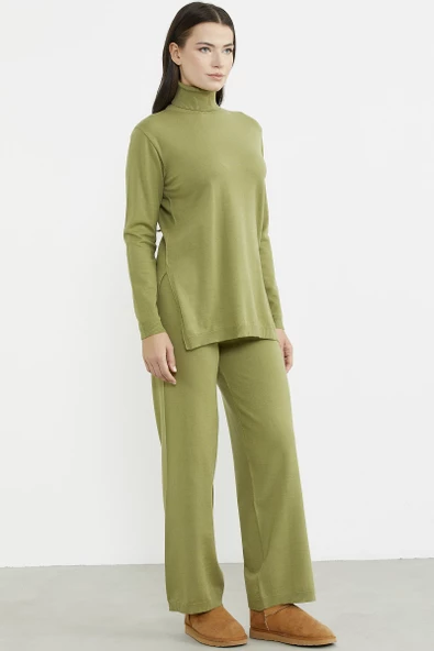 Tam Balıkçı Yaka Kazak Pantolon Triko Takım - Fıstık Yeşili - 5