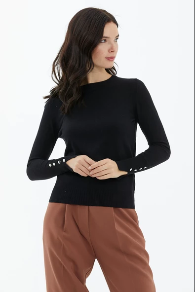 Sıfır Yaka Kolu Düğmeli Triko Kazak - Siyah - Resim 2
