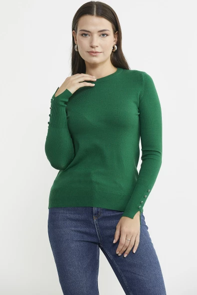 Sıfır Yaka Kolu Düğmeli Triko Kazak - Yeşil - Resim 3