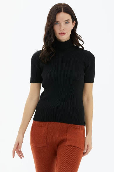 Tam Balıkçı Yaka Kısa Kollu Triko Kazak - Siyah - Resim 2