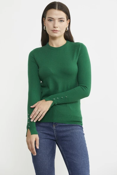 Sıfır Yaka Kolu Düğmeli Triko Kazak - Yeşil - Resim 4