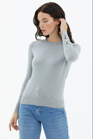 Sıfır Yaka Kolu Düğmeli Triko Kazak - Gri - Resim 2