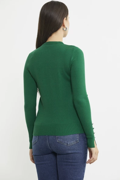 Sıfır Yaka Kolu Düğmeli Triko Kazak - Yeşil - Resim 6