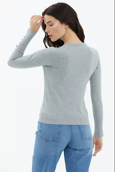 Sıfır Yaka Kolu Düğmeli Triko Kazak - Gri - Resim 4