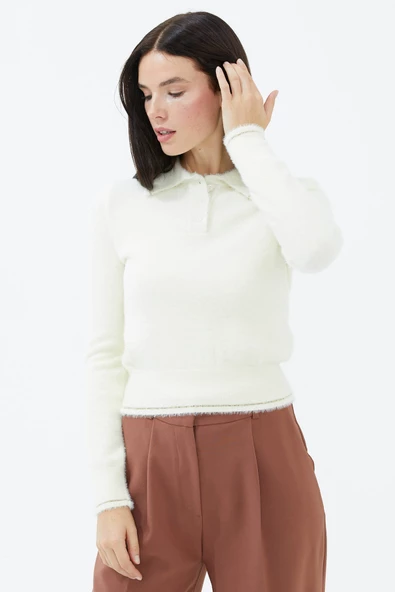 Polo Yaka Patlı Düğmeli Triko Kazak - Kemik - Resim 2