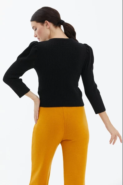 Balon Kol Saç Örgülü Triko Kazak - Siyah - Resim 3