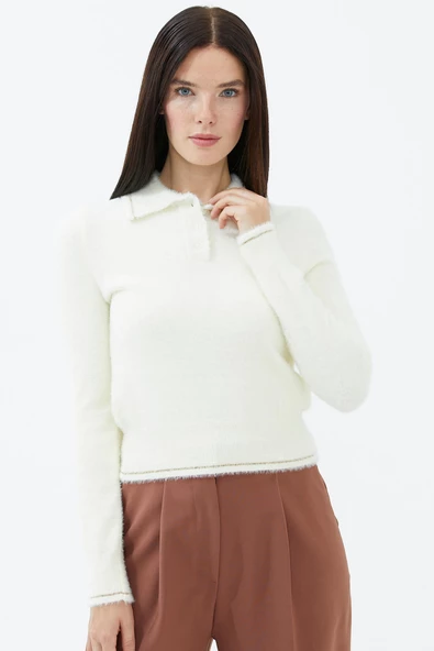 Polo Yaka Patlı Düğmeli Triko Kazak - Kemik ürün görseli 1