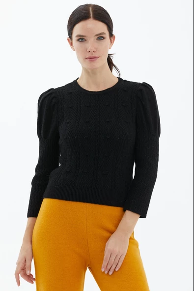 Balon Kol Saç Örgülü Triko Kazak - Siyah ürün görseli