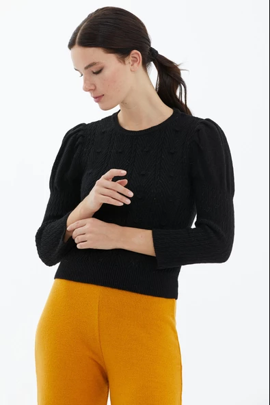 Balon Kol Saç Örgülü Triko Kazak - Siyah - Resim 2