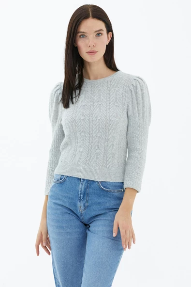 Balon Kol Saç Örgülü Triko Kazak - Gri - Resim 2