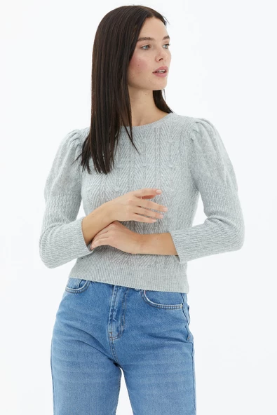 Balon Kol Saç Örgülü Triko Kazak - Gri - Resim 3
