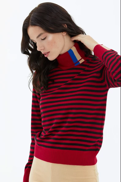 Tam Balıkçı Yaka Çizgili Triko Kazak - Kırmızı - Resim 3