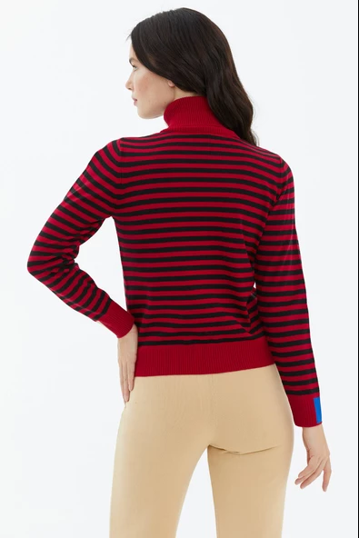 Tam Balıkçı Yaka Çizgili Triko Kazak - Kırmızı - Resim 4