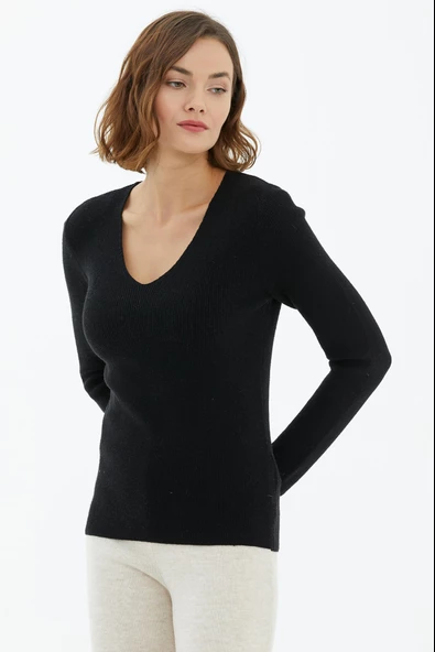 V Yaka Basic Triko Kazak - Siyah - Resim 3