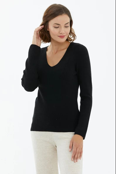 V Yaka Basic Triko Kazak - Siyah - Resim 2