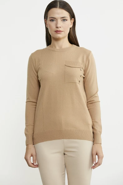 Sıfır Yaka Cepli Düğmeli Triko Kazak - Bej - Resim 2