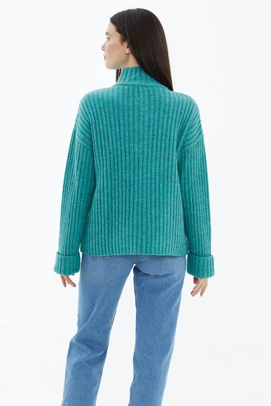 Yarım Balıkçı Yaka Düğmeli Kazak - Mint - Resim 4