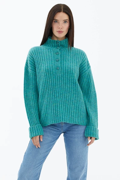 Yarım Balıkçı Yaka Düğmeli Kazak - Mint - Resim 2