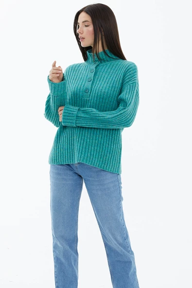 Yarım Balıkçı Yaka Düğmeli Kazak - Mint - Resim 3